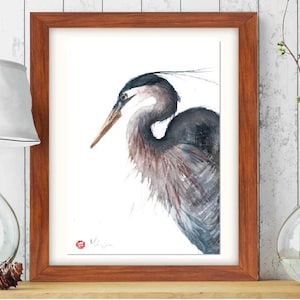 Héron - Portrait animal- Aquarelle originale - Tirage limité - Décor - Carte de cadeau