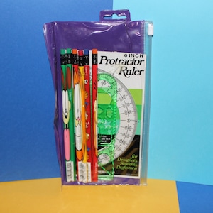 Vintage Garfield Pencils, Protractor Ruler, Stencil, and Pouch Set