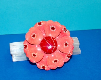 Vintage Pink and Red Enamel Flower Brooch Pin - Made in West Germany