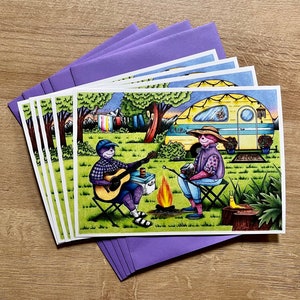 Paquete de tarjetas de acampada del perezoso morado