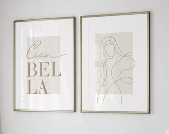 Beige Bedroom Wall Prints, Set of 2 Bedroom Prints, Ciao Bella, Line Art, Beige Bedroom Wall Art, Bedroom Wall Decor, Neutral Wall Decor