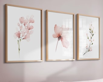 Set of 3 Pink Wall Art Prints, Botanical Wall Art, Wall Art, Pink Wall Prints, Watercolour Flowers, Plant Wall Art, Pink, Floral Wall Art