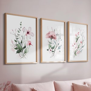 Pink Wall Art Prints, Botanical Wall Art, Pink Wall Art, Set of 3 Wall Prints, Floral Wall Art, Pink Flowers, Pink & Green, Pink Wall Decor