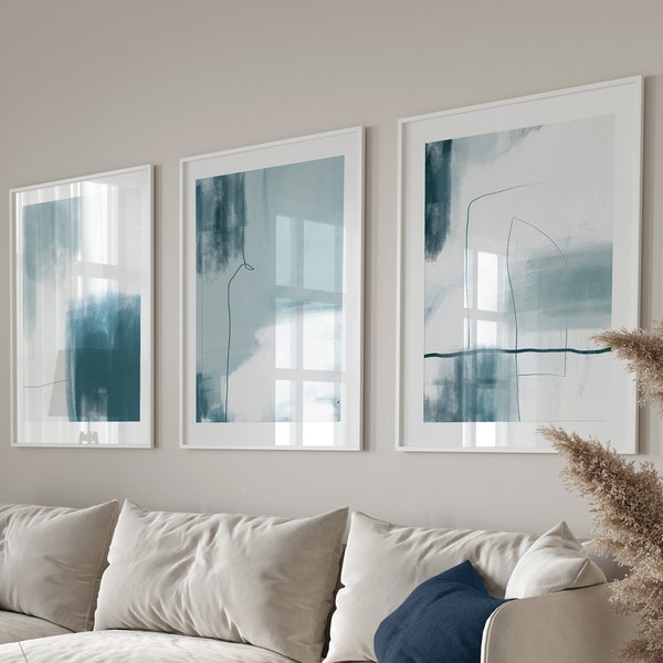 Blaue abstrakte Kunst Drucke, moderne Kunst, abstrakte Kunst, blaue Wandkunst, Giclée-Drucke, 3er Set Wandbilder, Entenei blau, blaugrüne Wandkunst