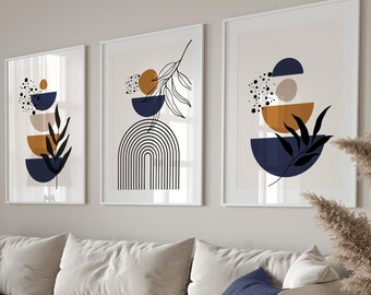 Set of 3 Wall Prints, Boho Wall Art, Blue & Orange Wall Prints, Boho Prints, Boho Wall Decor, Blue, Orange, Rust, Geometric Wall Art