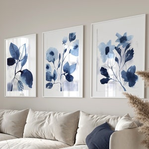Blue Wall Prints, Botanical Wall Art, Navy Blue Wall Art, Blue Home Decor, Watercolour Prints, Set of 3 Wall Prints, Blue Wall Decor, Navy