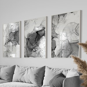 Grey & Black Bedroom Wall Prints, Marble Wall Prints, Set of 3 Prints, Grey Bedroom Wall Art, Black Wall Decor, Ink Abstract Art, Mono Art