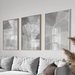 Grey & White Bedroom Wall Prints, Abstract Wall Prints, Set of 3 Wall ...