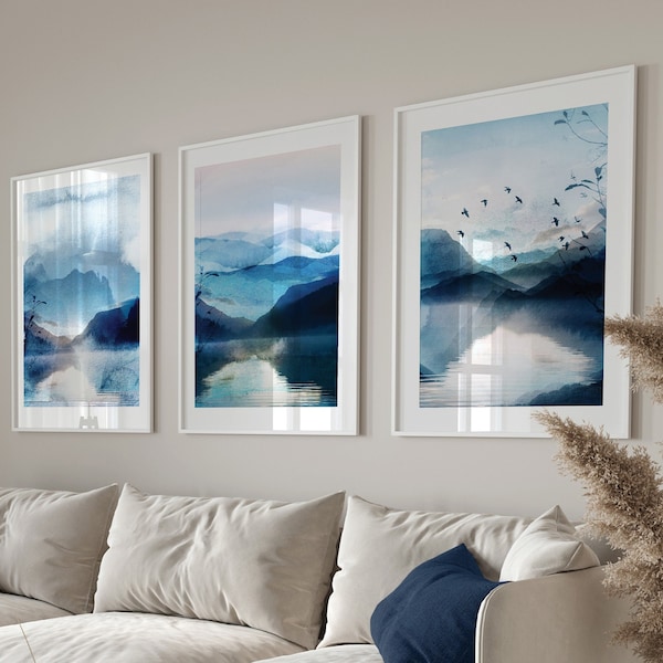Blue Watercolour Landscape Abstract Wall Art Prints, Giclée Prints, Set of 3 Wall Prints, Blue Wall Art, Blue Wall Prints, Landscape Art