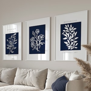 Blue Wall Prints, Botanical Wall Art, Navy Blue Wall Art, Blue Home Decor, Hand Drawn Plants, Set of 3 Wall Prints, Blue Wall Decor, Navy