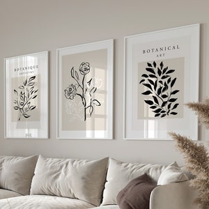 3er Set Neutral botanische abstrakte Wandkunst, botanisches Wanddekor, neutrale Wandkunst, neutrales Wohndekor, beige, schwarz, abstrakte Kunst