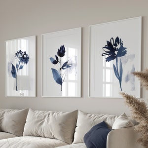 Blue Wall Prints, Botanical Wall Art, Blue Wall Art, Blue Abstract Art, Watercolour Prints, Set of 3 Wall Prints, Blue Wall Decor, Navy