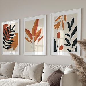 Blatt abstrakte Wanddrucke, 3er-Set Wanddrucke, Scandi Wandkunst, abstrakte Kunst, Terrakotta Wandkunst, orange Wandkunst, abstrakte Blätter, Kunst