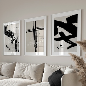Set of 3 Abstract Prints, Modern Wall Art, Abstract Art, Brush Strokes, Neutral Wall Prints, Living Room Prints, Beige and Black Prints