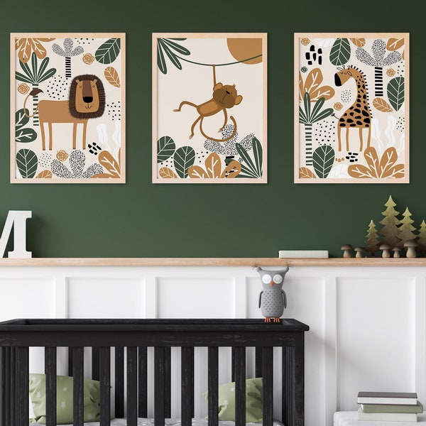 16x20" Printable Nursery Art, Safari Nursery Wall Print Set, Nursery Wall Art, Set of 3 Posters, Digital Download, 16x20", Jungle Nursery