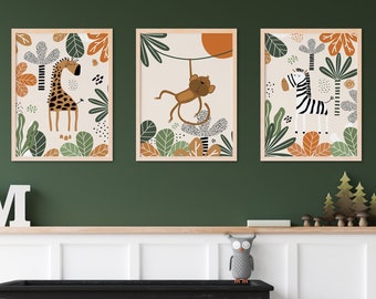 Safari Nursery Wall Prints, Boho Nursery Prints, Green Nursery Prints, Boho Nursery Wall Art, Nursery Decor, Set of 3 Wall Prints, Jungle