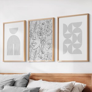 Set of 3 grey boho style bedroom wall art prints
