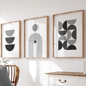 3er Set graue Wand Kunst Drucke, moderne, Mid Century, geometrische Wandkunst, graue Wanddrucke, graue Wanddekoration, Boho Wandkunst, Holzkohle, grau