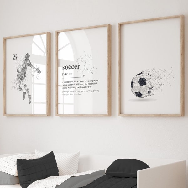 Juego de 3 láminas de arte mural de fútbol, regalo para adolescentes, decoración de dormitorio para adolescentes, regalo para él, arte mural abstracto de fútbol, regalos de fútbol, arte mural para niños
