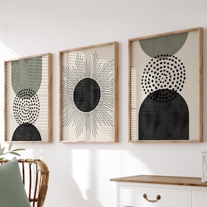 Set of 3 Green Boho Abstract Wall Prints, Boho Wall Art, Sage Green Wall Prints, Green Wall Decor, Boho Prints, Sage Green, Black, Beige