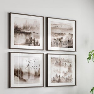 Quadratische Wanddrucke, Neutrale Aquarell Landschaft Wanddrucke, Landschaftswandkunst, Neutrale Wanddekoration, Braune Wandkunst, Walddrucke, Quadrat