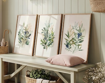 Set of 3 Botanical Wall Art Prints, Olive Branch Wall Prints, Plant, Wall Art, Green Wall Art, Watercolour Prints, Botanical, Olive Tree