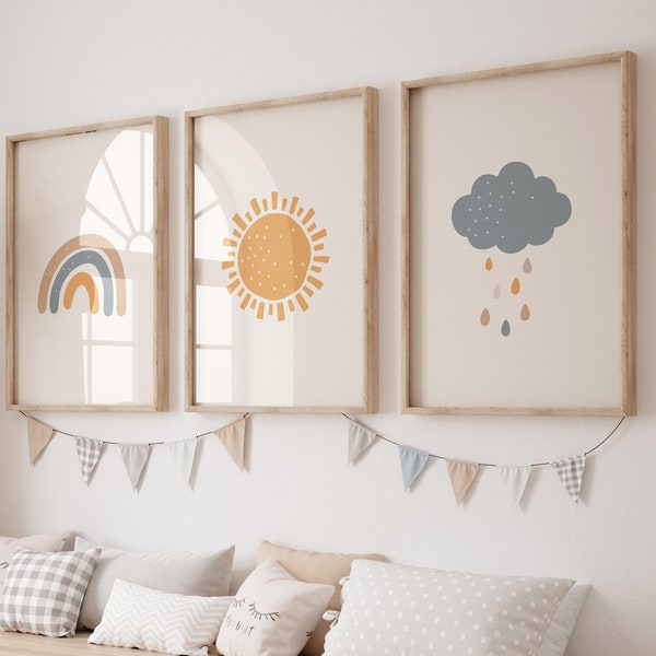 Boho Nursery Wall Prints, Sunshine Nursery Print, Rainbow Nursery Print, Baby Nursery Wall Art, Neutral Nursery Decor, Kids Prints, Set of 3