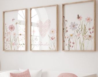 Wildflower Nursery Prints, Botanical Nursery, Set of 3 Wall Prints, Wildflower Nursery Wall Art, Personalised Nursery, Pink, Floral Nursery
