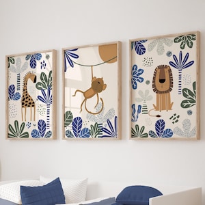 Safari Nursery Wall Prints, Boho Nursery Prints, Blue Nursery Prints, Blue Nursery Wall Art, Nursery Decor, Set of Nursery Prints, Jungle