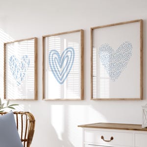 Light Blue Wall Art, Blue Wall Prints, Blue Wall Decor, Love Heart Bedroom Prints, Light Blue Bedroom Decor, Set of 3 Wall Prints, Pale Blue