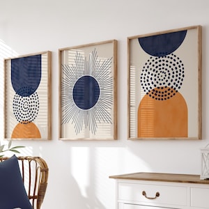 Set of 3 Boho Wall Prints, Boho Wall Art, Blue & Orange Wall Prints, Green Wall Decor, Boho Prints, Boho Wall Decor, Blue, Orange, Beige