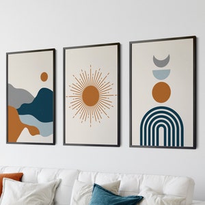 Boho Home Decor, Boho Wall Prints, Nordic Wall Decor, Boho Wall Decor, Set of 3 Posters, Scandinavian Wall Art, Orange and Blue, Sunshine