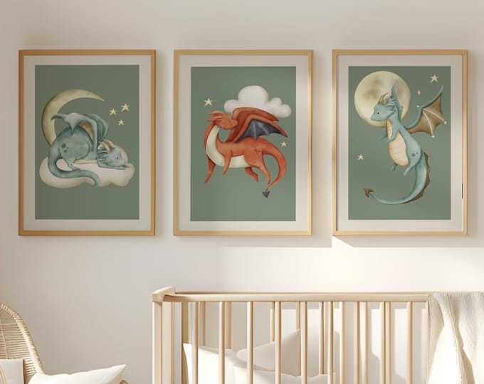 Set of 3 Dragon Nursery Wall Art Prints, Dragon Nursery Decor, Green ...