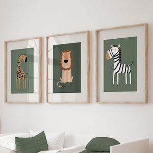 Green Nursery Prints, Set of 3 Wall Prints, Safari Animals, Nursery Pictures, Wall Decor, Nursery Wall Art, Boys Room Prints