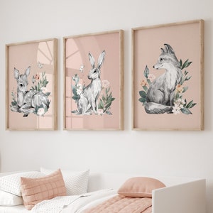 Woodland Nursery Prints, Blush Pink, Nursery Prints, Nursery Wall Art, Nostalgia Nursery Decor, Set of 3, Woodland Animals, Girls Prints