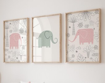 Nursery Wall Prints, Nursery Prints, Nursery Wall Art, Pink & Green Nursery Decor, Kids Prints, Set of 3 Nursery Prints, Pink Nursery Decor