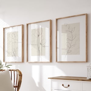 Minimalist Wall Prints, Neutral Wall Art, Set of 3 Wall Prints, Neutral Home Decor, Hand Drawn Plants, Botanical wall Art, Neutral Prints