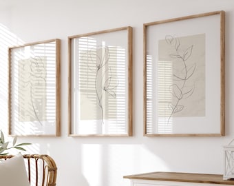 Minimalist Wall Prints, Neutral Wall Art, Set of 3 Wall Prints, Neutral Home Decor, Hand Drawn Plants, Botanical wall Art, Neutral Prints