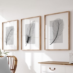 Set von Wanddrucken, Grauen Wanddrucken, Federn Wanddrucken, Grauen Wandkunst, Schlafzimmer Postern, Minimalistischer Wandkunst, Wand-Dekor, Schlafzimmer Wandkunst