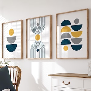 Blue & Yellow Boho Wall Prints, Geometric Wall Art, Scandi Wall Art, Set of 3 Wall Prints, Modern Mid Century, Blue, Yellow, Grey, Yellow