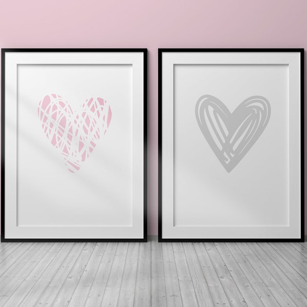 Pink & Grey Bedroom Wall Prints, Baby Pink Bedroom Decor, Heart Wall Art, Scribble Heart Posters, Set of 2 Prints, Nursery Wall Prints