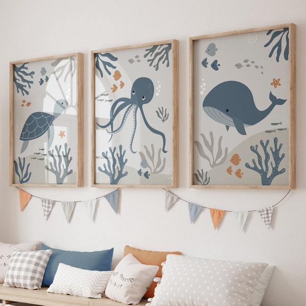 Boho Nursery Wall Prints, Sea Life Nursery Prints, Blue & Grey Nursery Prints, Nursery Wall Art, Ocean Nursery Decor, Set of 3 Kids Prints