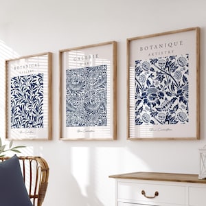 3er Set Wanddrucke, Marineblaue Wanddrucke, Botanische Wanddrucke, Marineblau, Wandkunst, Blaue Wohnkultur, Marineblaue Wanddekoration, Blaue Poster