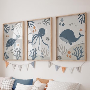 Boho väggtavlor för barnrum, barnrumstavlor med havsliv, blå och grå barnrumstavlor, väggkonst för barnrum, barnrumsdekor med hav, set med 3 barntavlor