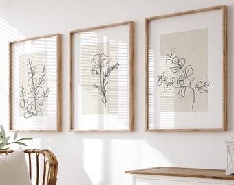 Set of 3 Wall Prints, Neutral Wall Prints, Botanical Wall Prints, Plant Wall Art, Plant Line Art, Neutral Home Decor, Wall Art, Beige Prints