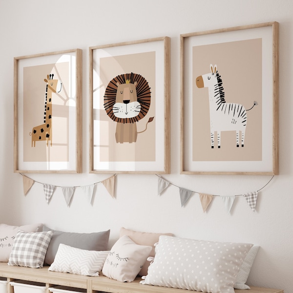 Safari kinderkamer muurafdrukken, Boho kinderkamer prints, neutrale kinderkamer prints, kinderkamer kunst aan de muur, kinderkamer decor, schattige dierenprints, beige kinderkamer