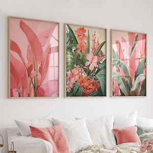 Lot de 3 impressions murales vertes et roses, art mural rose, impressions murales de feuilles, décoration murale rose, impressions botaniques, feuilles tropicales, art mural maximaliste
