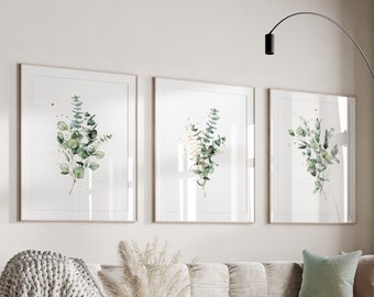 Set of 3 Wall Prints, Eucalyptus Wall Art, Plant Wall Art, Green and Gold Wall Prints, Botanical Wall Art, Botanical Prints, Eucalyptus