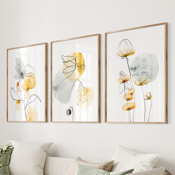 Yellow Wall Art Prints, Yellow Wall Decor, Yellow & Grey Wall Art Prints, Botanical Wall Art, Yellow Abstract Art, Summer Wall Decor, Yellow