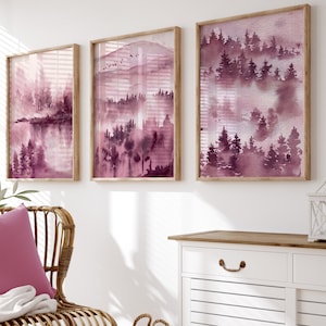 Watercolour Landscape Wall Art Prints, Set of 3 Wall Prints, Lilac Wall Decor, Purple Wall Prints, Landscape Wall Art, Pink Wall Art